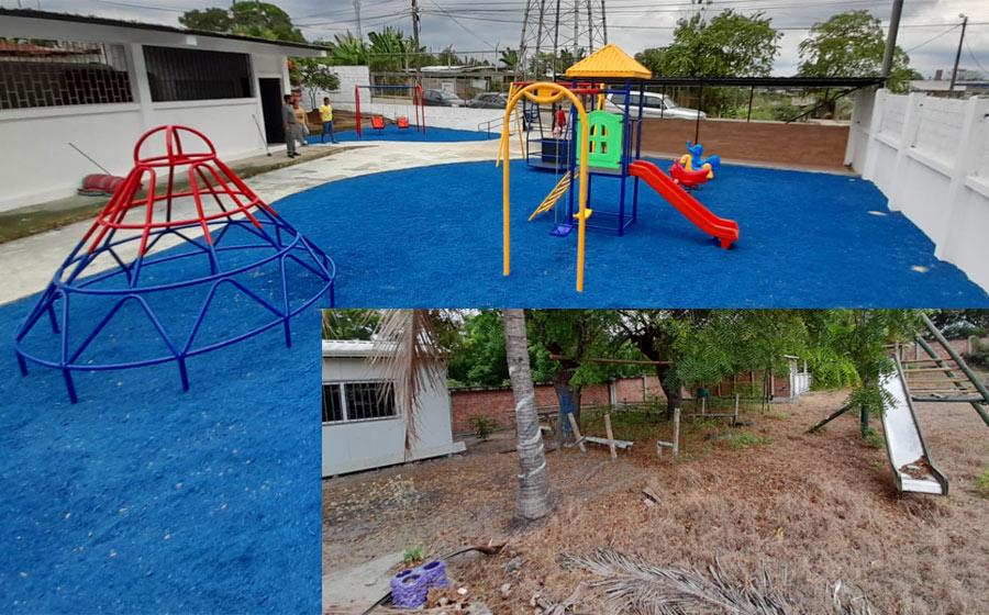 Estado del patio de la escuela de El Carmen antes y después de los trabajos para convertirlo en un patio inclusivo. 
